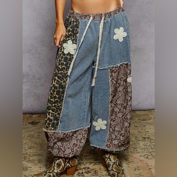 POL Patchwork Denim and Leopard Print Joggers - Picture 4 of 7